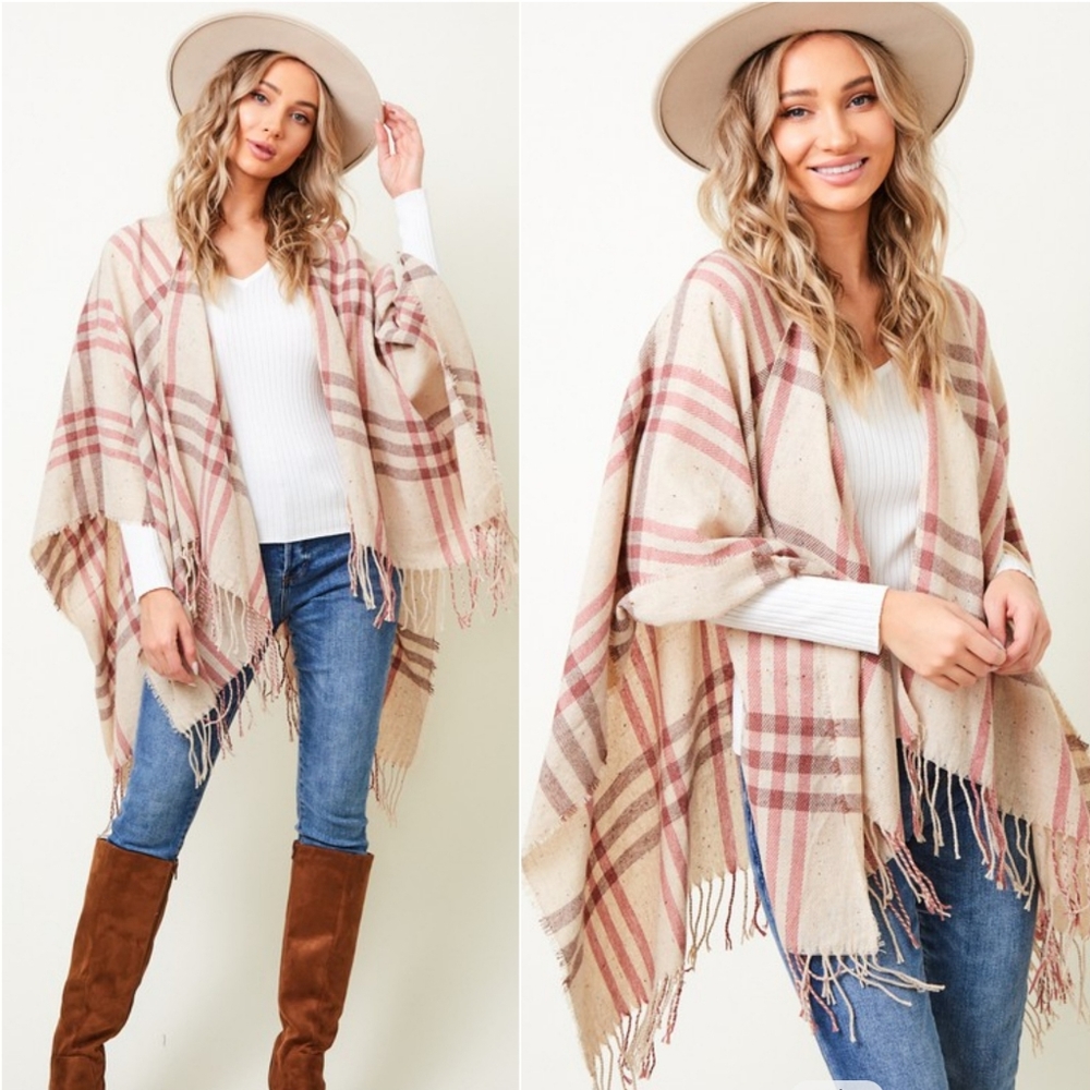 Plaid shawl wrap with fringe - Picture 2 of 7